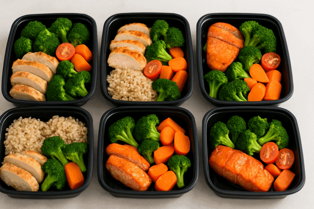 Top-down view of meal prep containers with balanced macronutrients: lean protein, complex carbs, and colorful vegetables.