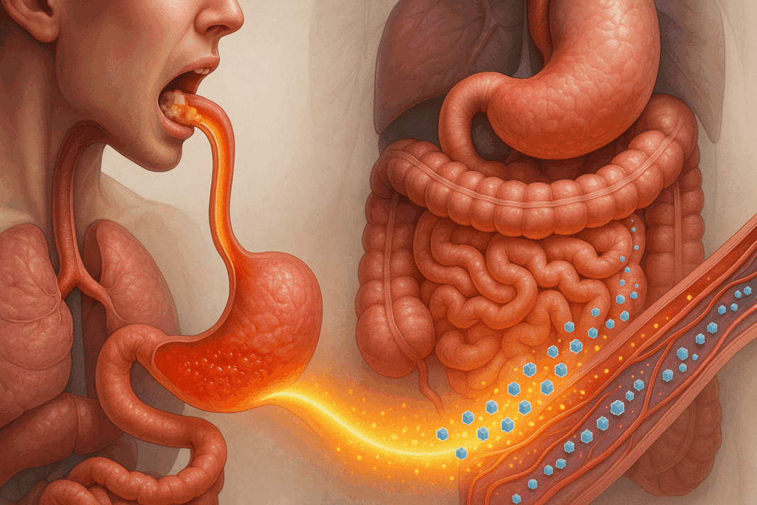 Wide-angle medical illustration showing how the body digests food, from mouth to intestines, highlighting glucose absorption into the bloodstream.