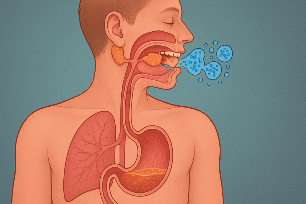 Cross-sectional illustration showing how the body digests food as saliva mixes with chewed bread and the bolus moves from mouth to stomach.