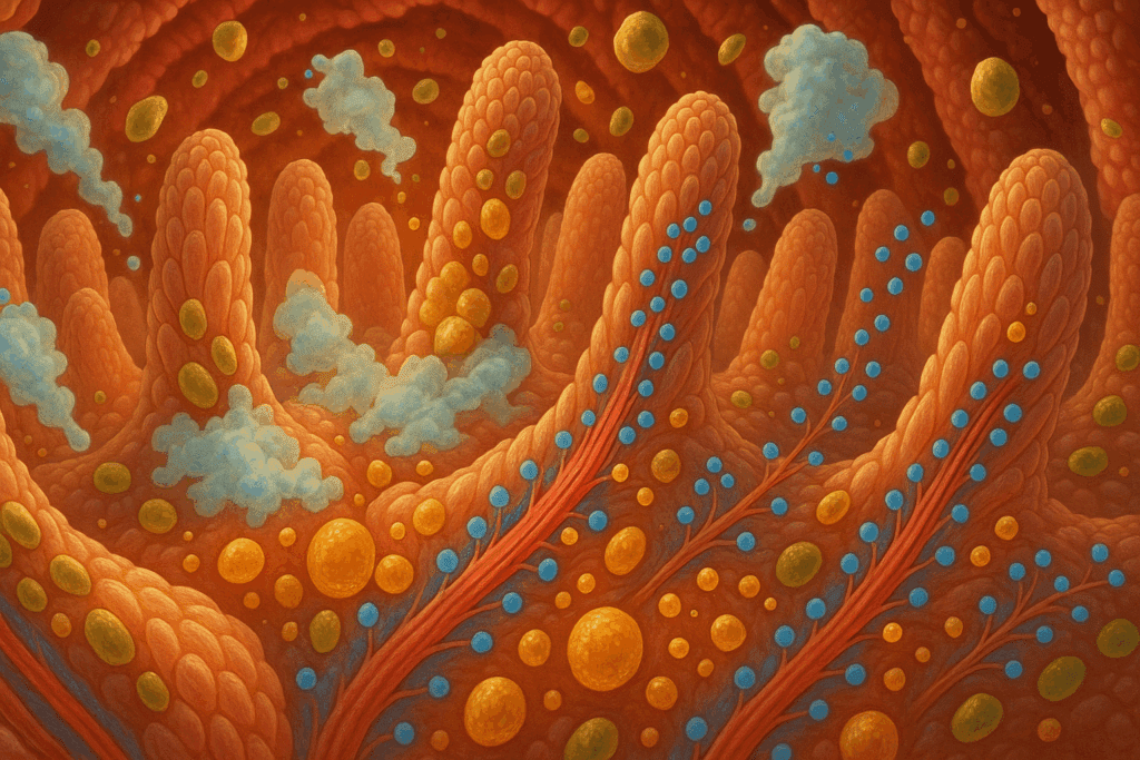 Small intestine interior showing villi and microvilli absorbing nutrients, illustrating how the body digests food at a cellular level