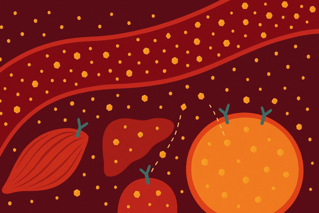 Illustration showing how the body digests food by depicting glucose entering muscle, liver, and fat cells through insulin-regulated pathways