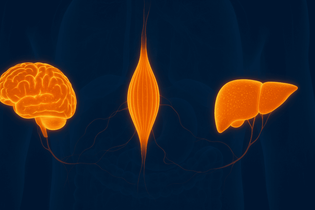 Glowing illustration of the brain, liver, and skeletal muscle showing glucose energy use and distribution, highlighting how the body digests food