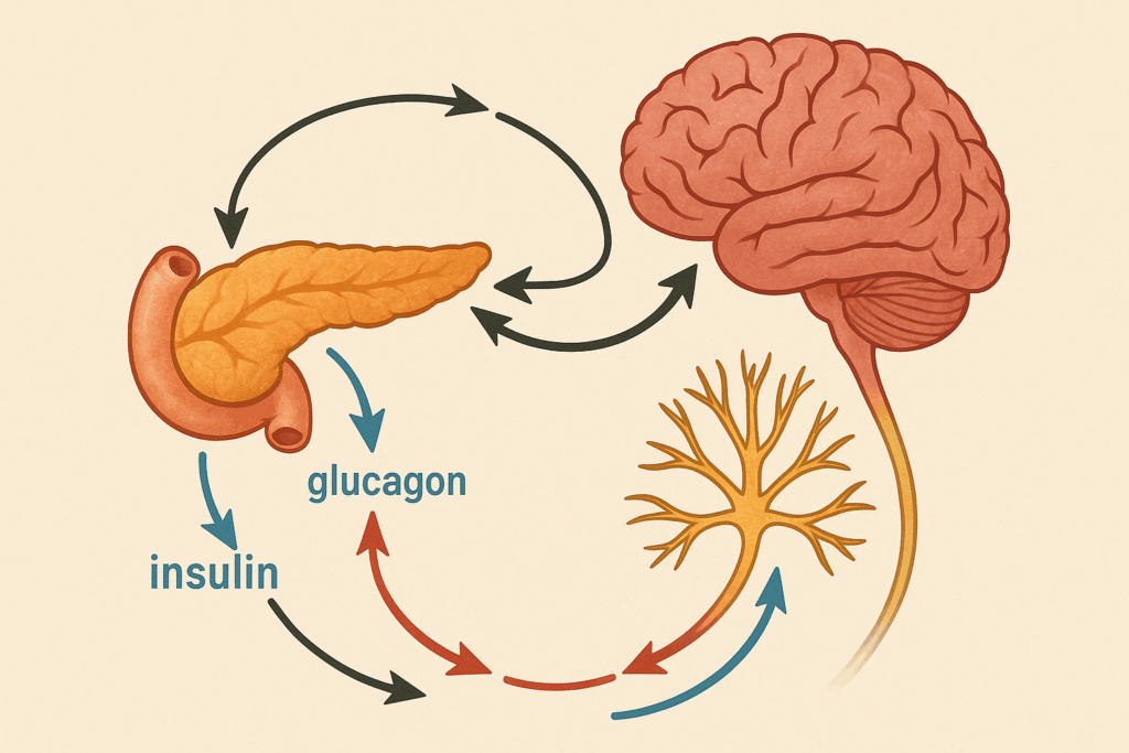 Diagram showing how the body digests food through interactions between the brain, pancreas, and nerves regulating insulin, glucagon, and neural signals