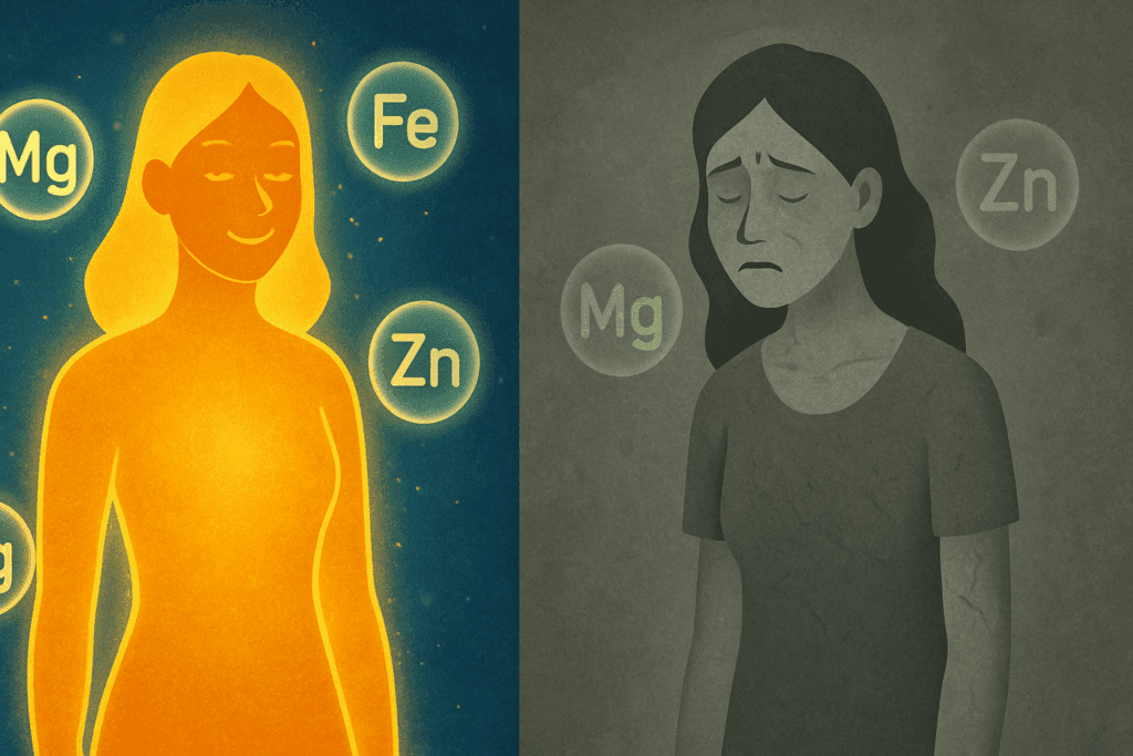 Split-screen comparison showing Nutrient Deficiency Symptoms with a dull, fatigued figure versus a healthy, glowing body surrounded by nutrient icons like iron and zinc