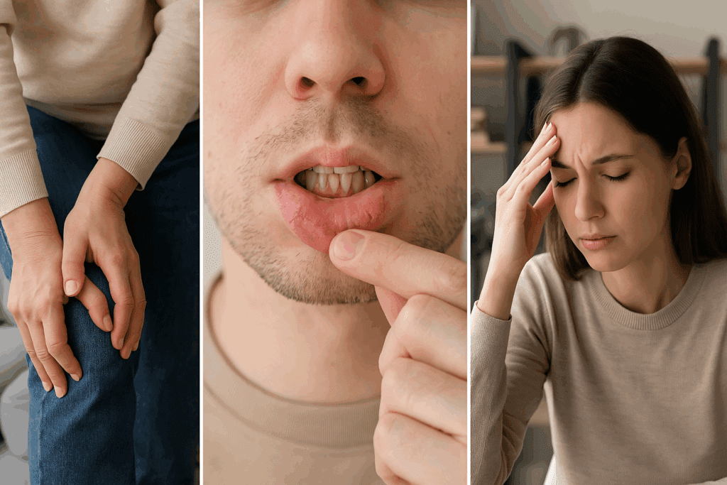 Person with joint pain, cracked lips, bleeding gums, and fatigue, showing common Nutrient Deficiency Symptoms in everyday settings.