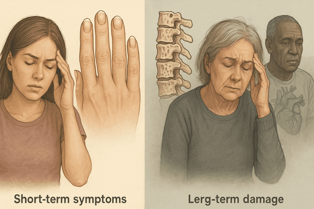 Split-screen illustration showing nutrient deficiency symptoms with a tired young woman and brittle nails on one side, and long-term effects like osteoporosis and cognitive decline on the other.