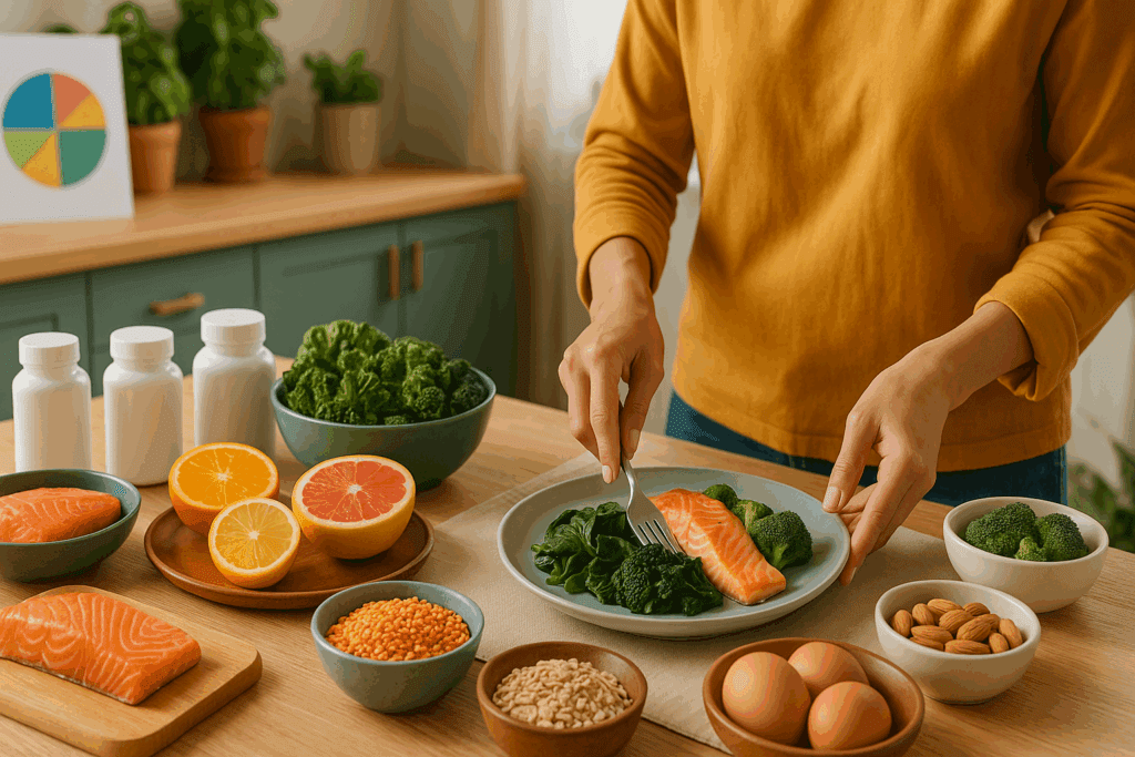 Person preparing a plate of salmon, leafy greens, and whole foods in a bright kitchen surrounded by vitamins and fresh produce to address Nutrient Deficiency Symptoms