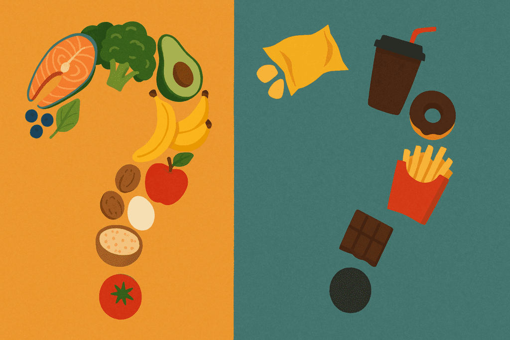 Visual contrast of nutrient-rich foods forming a question mark versus processed foods forming a void, symbolizing confusion around Nutrient Deficiency Symptoms