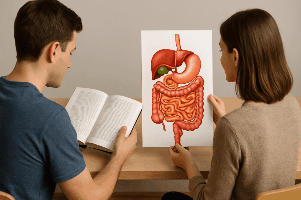 Side-by-side comparison of a man reading gut health text and a woman studying a colorful digestive system diagram, illustrating the impact of Digestive System Images on visual learning
