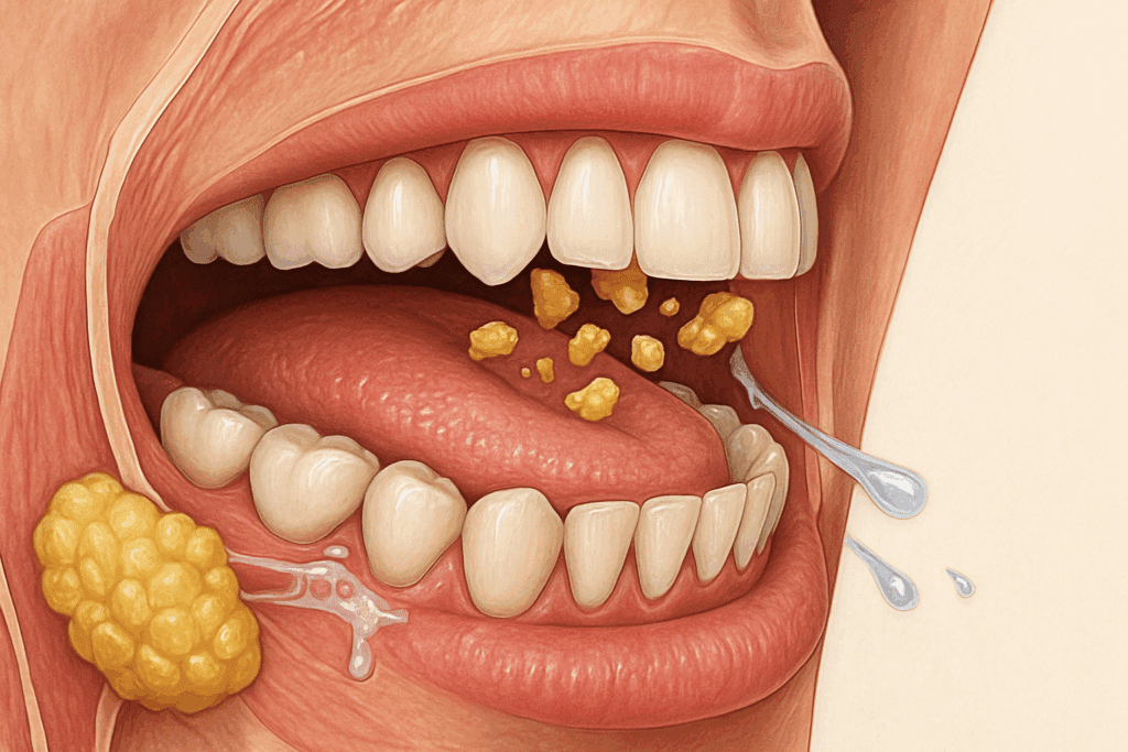 Cross-section of the mouth showing teeth grinding food, tongue aiding movement, and salivary glands releasing enzymes, illustrating mechanical digestion before absorption in digestion begins.