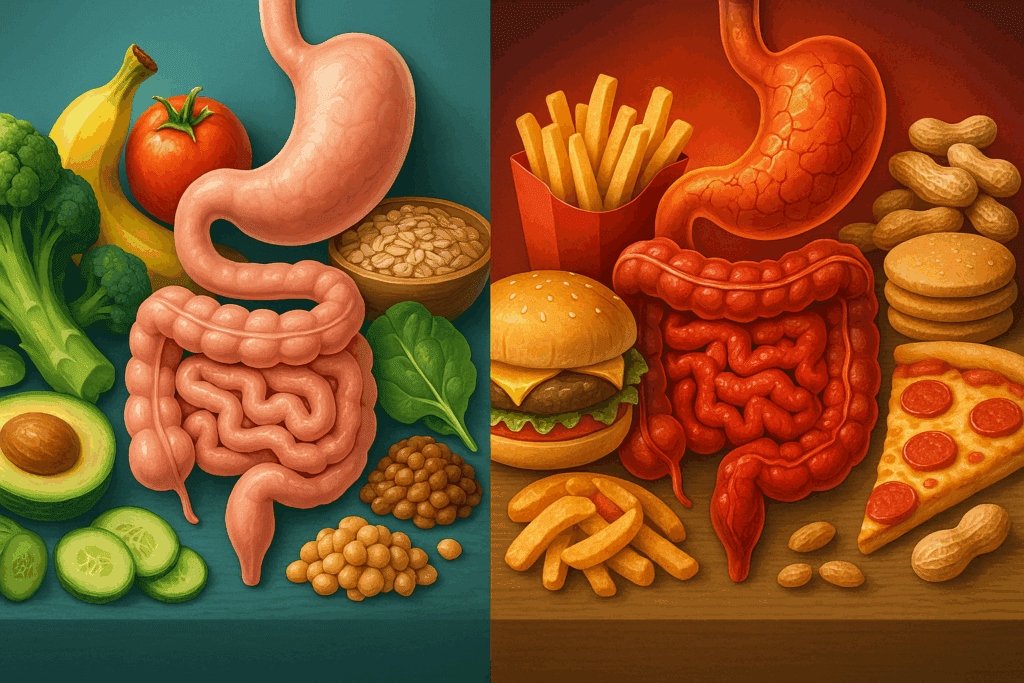 Digestive System Images comparing healthy gut digestion with fiber-rich foods versus inflamed gut from allergen-triggering foods