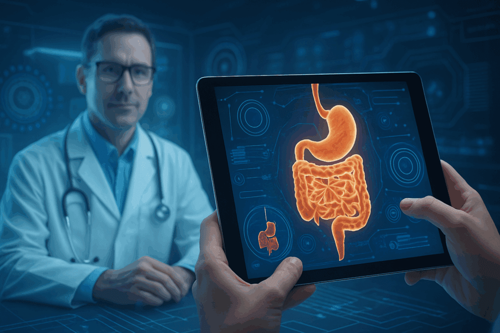 Person holding a tablet showing interactive Digestive System Images during a telehealth consultation with a doctor in a high-tech medical setting