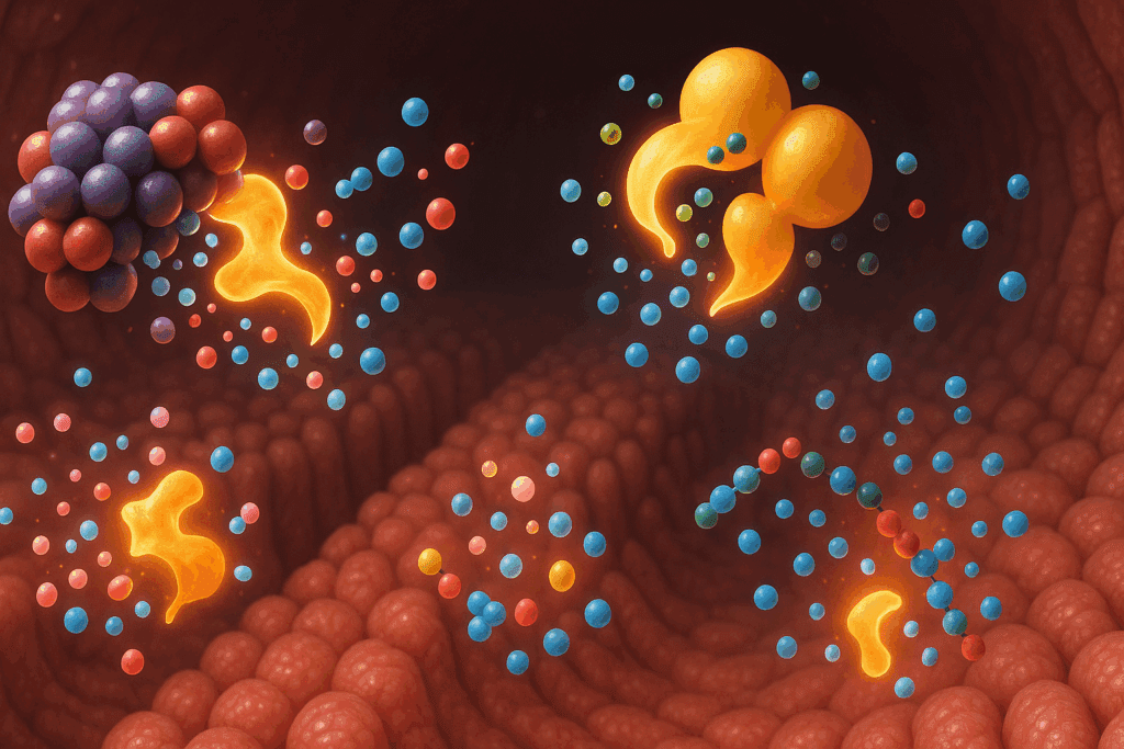 Enzymes breaking down proteins, fats, and carbohydrates into amino acids, fatty acids, and glucose in the small intestine, illustrating absorption in digestion.
