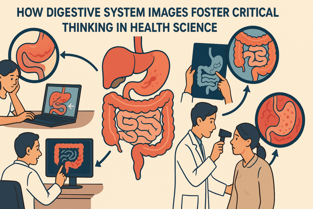 Digestive System Images showing students and doctors analyzing inflammation, ulcers, and obstructions using organ close-ups and diagnostic visuals