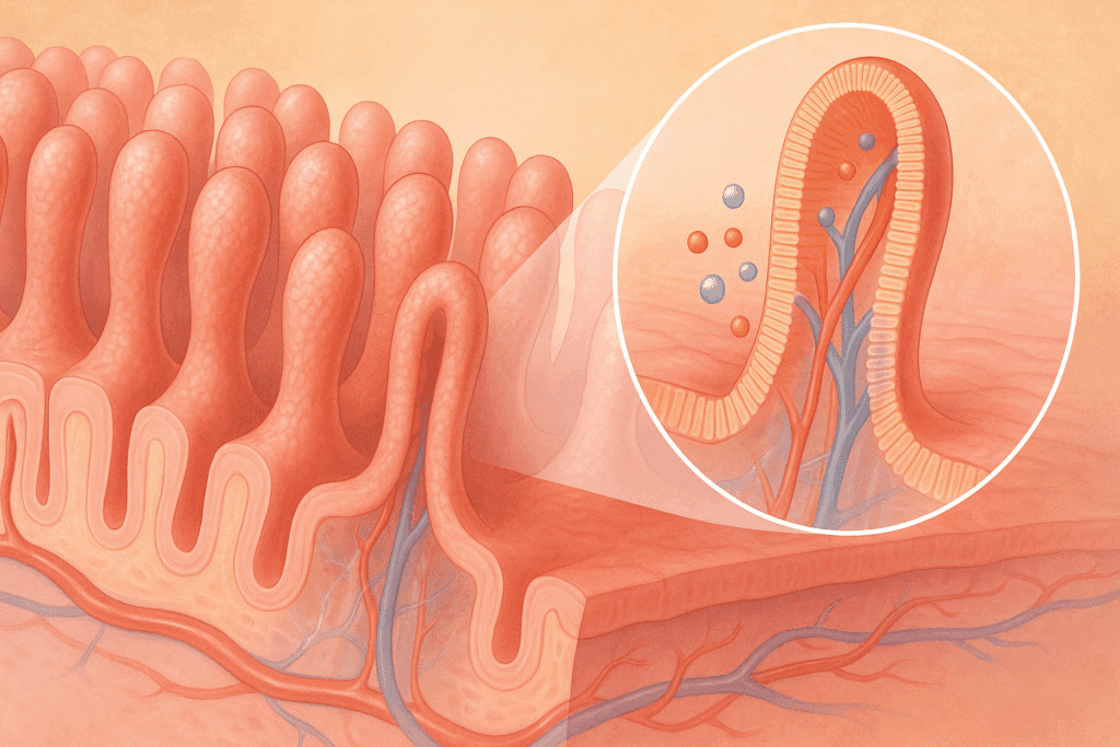 Cross-section of small intestine wall showing villi and microvilli absorbing nutrients into capillaries, illustrating absorption in digestion.