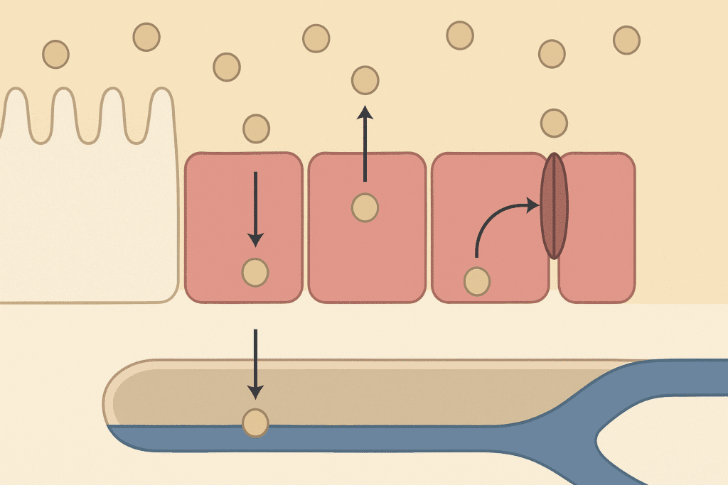 Scientific diagram showing absorption in digestion with nutrients passing through intestinal cells into the bloodstream via diffusion and transport