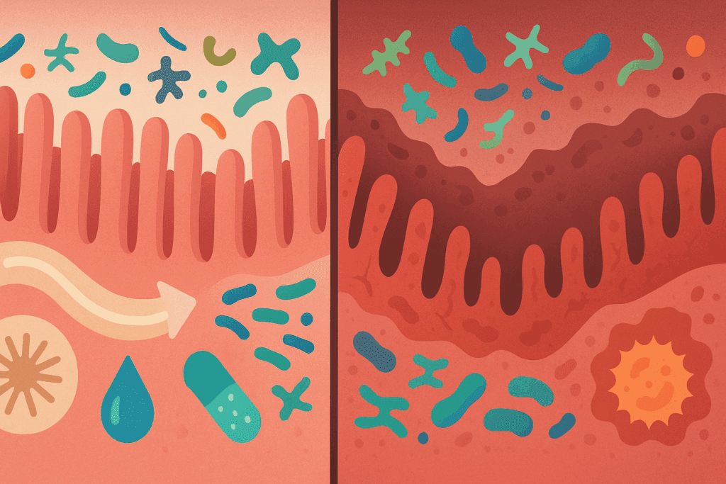 Side-by-side comparison of healthy and unhealthy intestines illustrating how villi and gut microbiota affect absorption in digestion