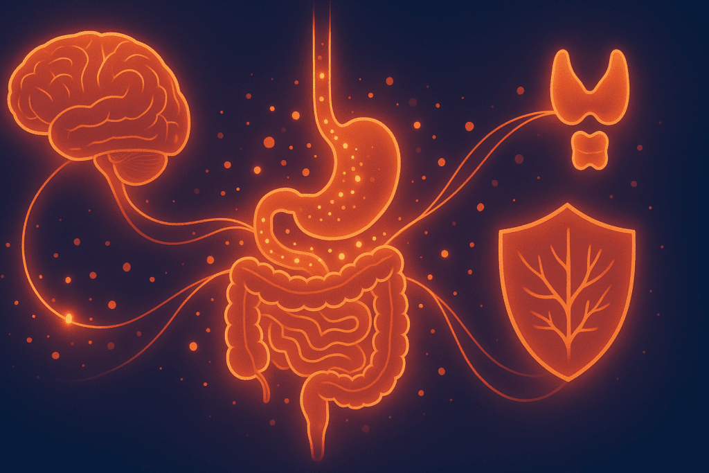 Neon-style infographic showing nutrient pathways linking digestive system to brain, immune, and endocrine systems, illustrating absorption in digestion