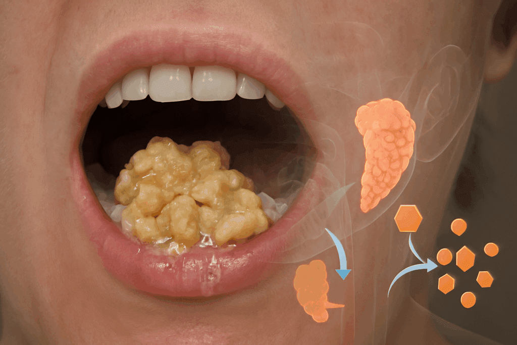 Close-up of food being chewed in a human mouth with saliva mixing, showing how the digestive system works as enzymes begin breaking down carbohydrates.
