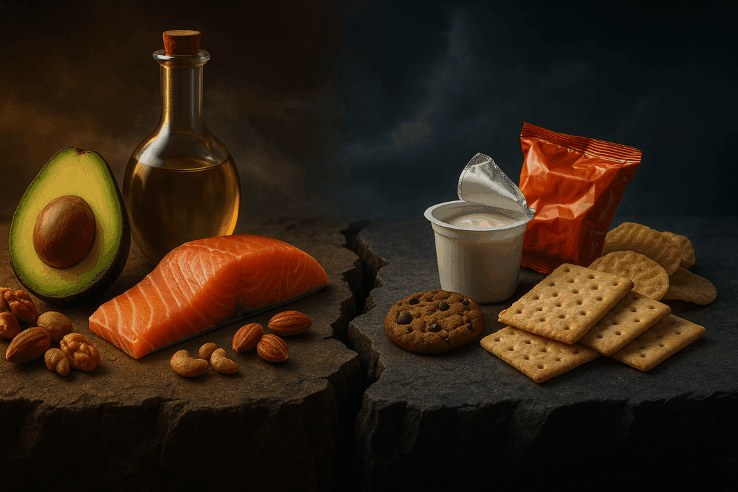 Conceptual food contrast illustrating the question: Does eating fat make you fat, with healthy fats vs. low-fat snacks