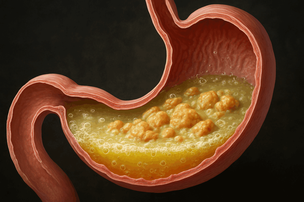 Cross-section of a human stomach showing food mixing with gastric juices, visualizing how the digestive system works