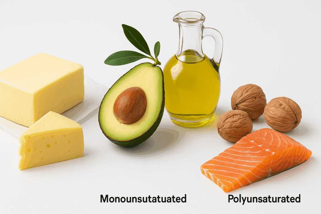 Visual comparison of saturated, monounsaturated, and polyunsaturated fats using butter, avocado, and salmon for an article exploring 'Does eating fat make you fat