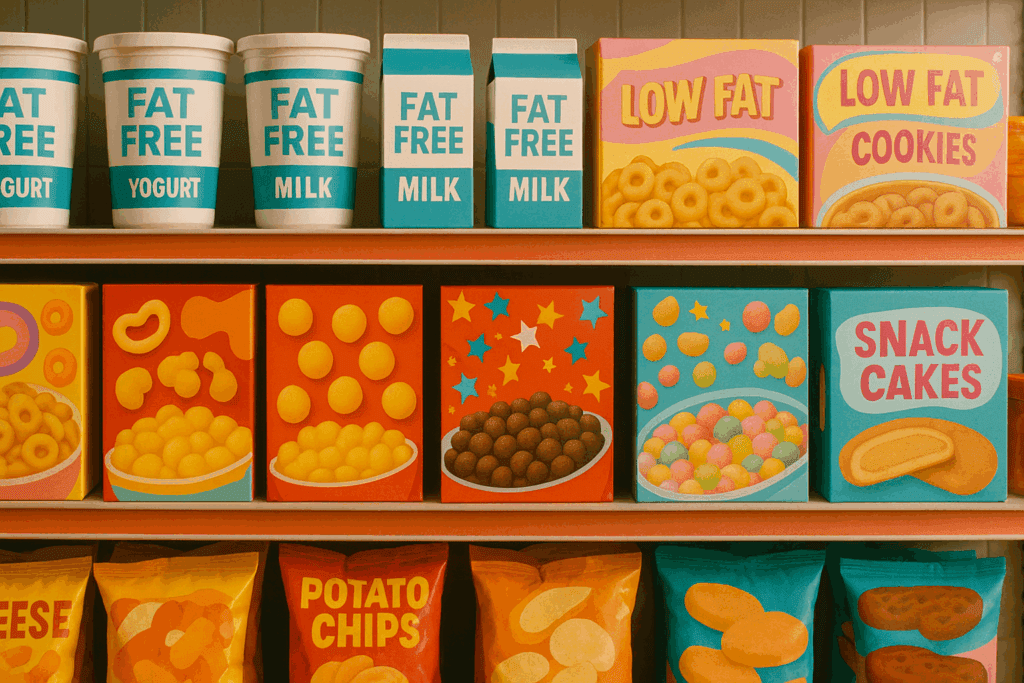 1980s-style supermarket shelf with fat-free products and sugary snacks, illustrating the low-fat craze behind “Does eating fat make you fat”