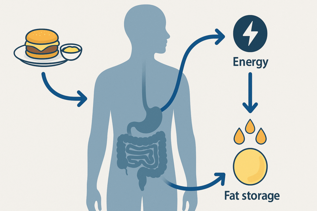 Scientific diagram showing the digestion of dietary fat into fatty acids and how it’s either used for energy or stored—answering “does eating fat make you fat”