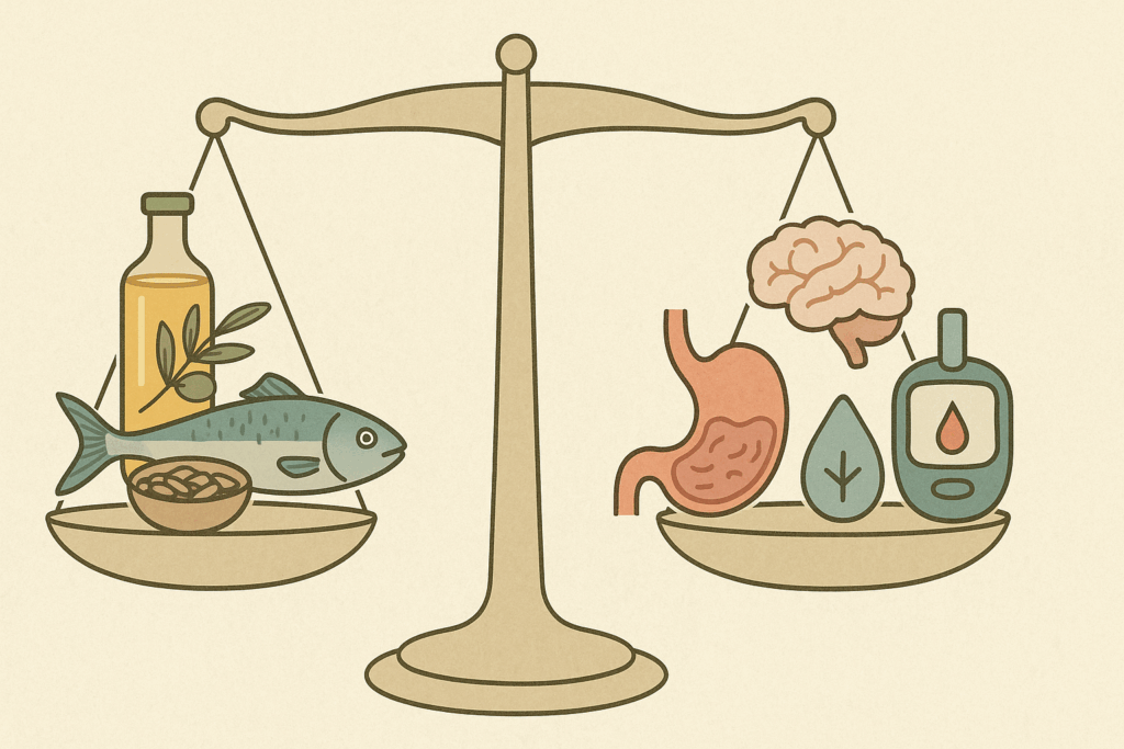 Balanced scale showing healthy fats like olive oil, fish, and seeds on one side and satiety icons on the other, symbolizing the science behind “Does eating fat make you fat.”