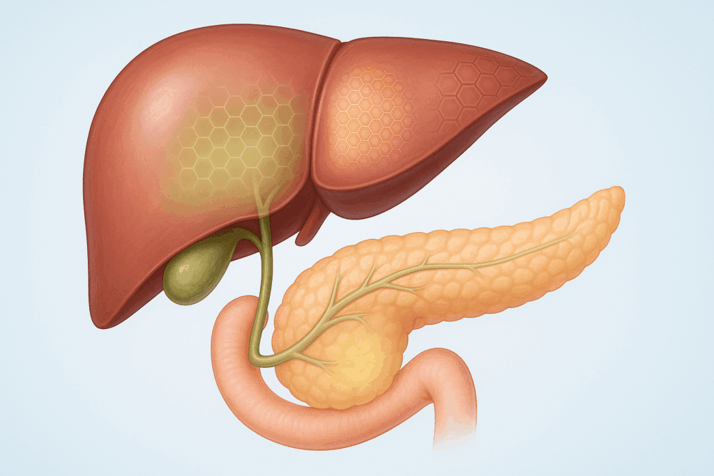 Medical illustration showing the liver, gallbladder, and pancreas connected to the duodenum, explaining how the digestive system works through bile and enzyme flow.