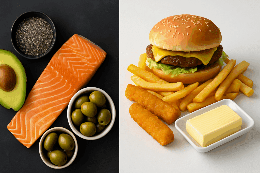 Healthy vs unhealthy fat sources on split background—salmon, avocado, chia seeds, and olives contrast fried food and margarine, exploring does eating fat make you fat.
