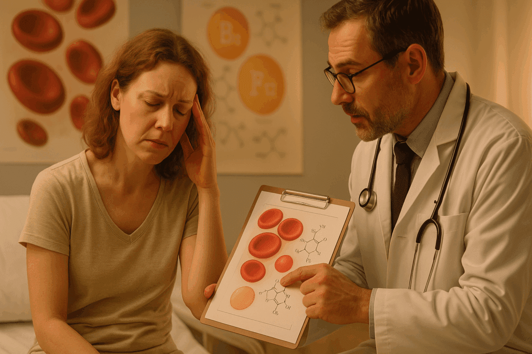 Tired woman with pale skin sits on a hospital bed as a doctor explains what vitamin deficiency causes dizziness, fatigue, and shortness of breath using a medical chart.