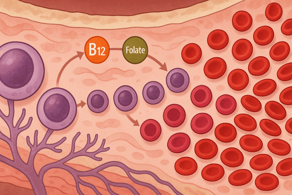 Bone marrow illustration showing red blood cell formation affected by vitamin B12 and folate levels, related to what vitamin deficiency causes dizziness, fatigue, and shortness of breath