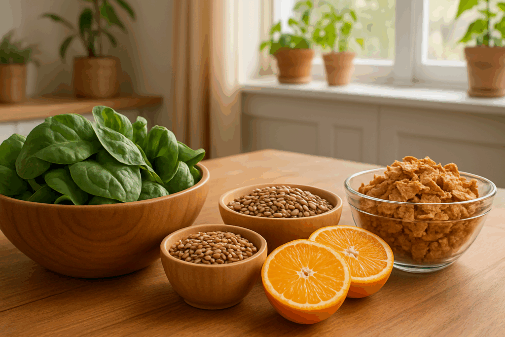 Bright kitchen scene with folate-rich foods like spinach, lentils, oranges, and fortified cereal supporting the topic What Vitamin Deficiency Causes Dizziness, Fatigue, and Shortness of Breath