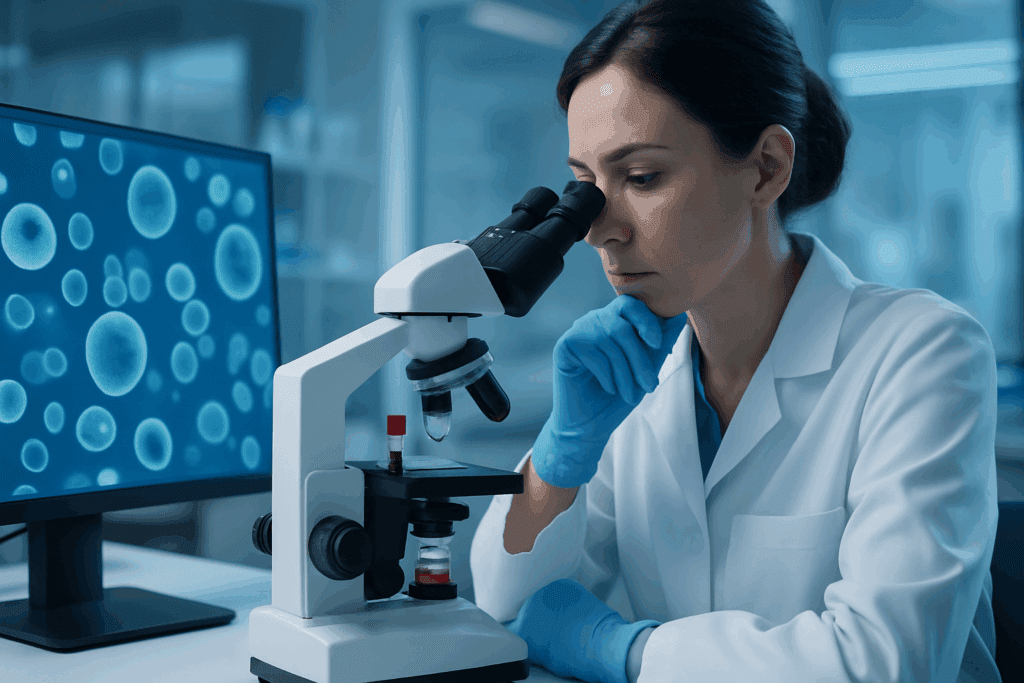 Healthcare professional analyzing blood sample under microscope in lab while computer displays cellular graphics, illustrating What Vitamin Deficiency Causes Dizziness, Fatigue, and Shortness of Breath.