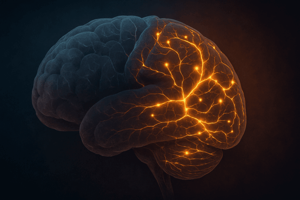 Digital illustration of a human brain with glowing and dim neural pathways representing neurological effects of What Vitamin Deficiency Causes Dizziness, Fatigue, and Shortness of Breath