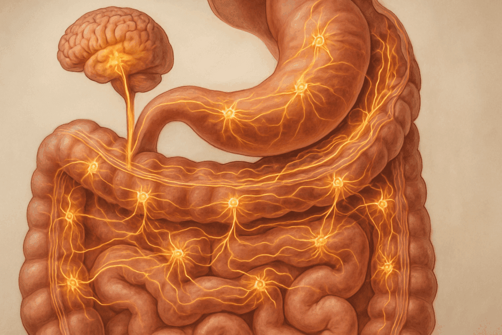 Neural pathways of the enteric nervous system glowing within the digestive system, connecting the gut to the brain via the vagus nerve