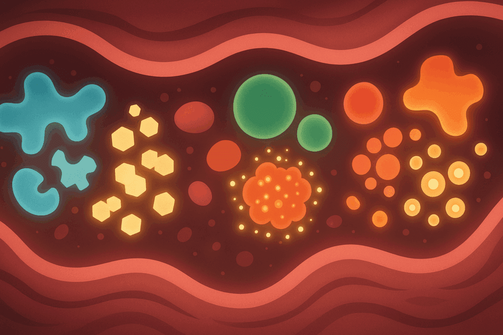 Stylized molecular illustration of enzymes breaking down food particles inside the digestive system