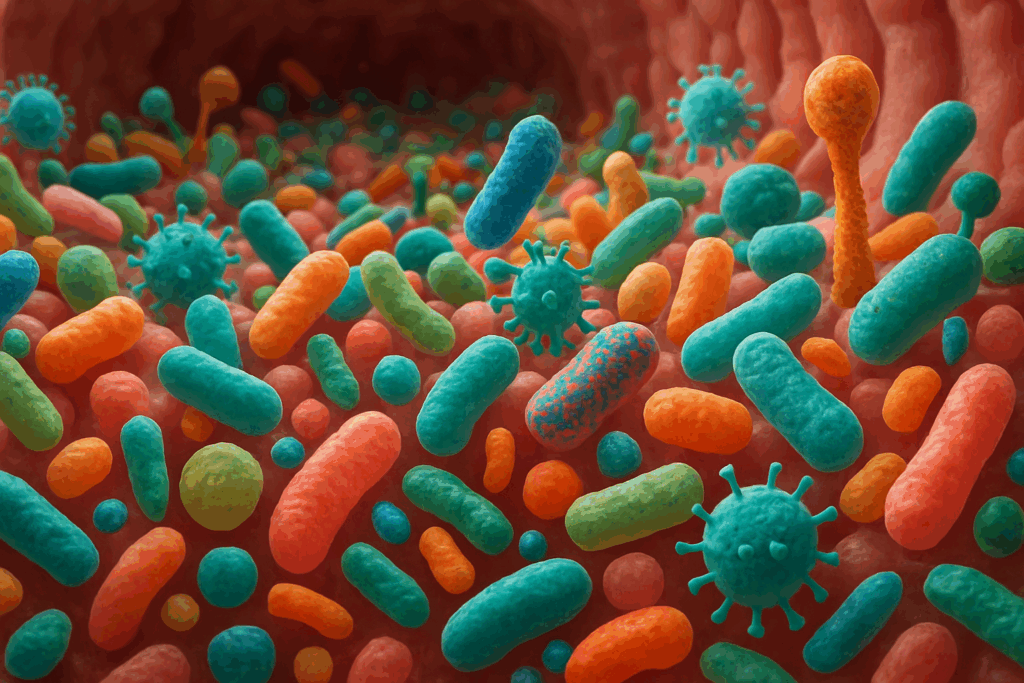 Colorful microscopic view of bacteria, viruses, and fungi inside the colon, illustrating the diverse microbiome of the digestive system