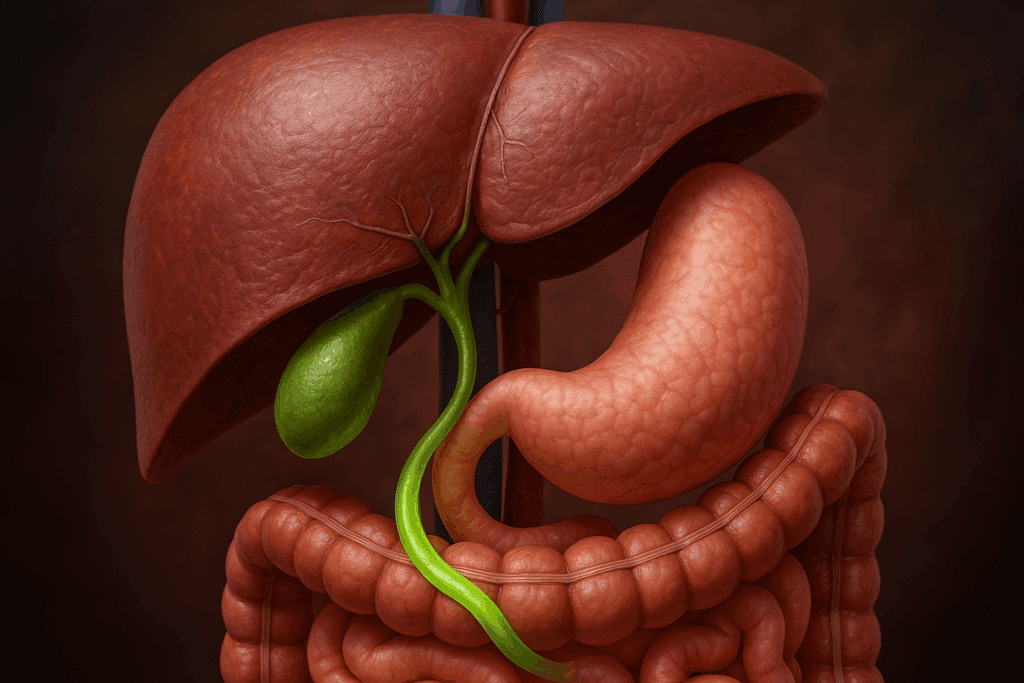 Anatomical illustration of the digestive system showing the liver and gallbladder releasing green bile into the small intestine