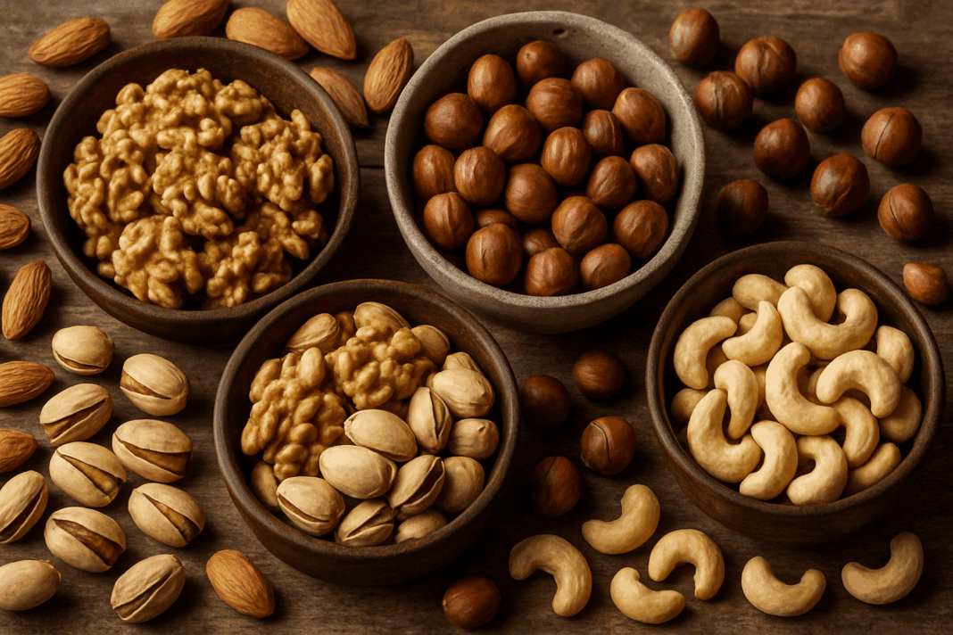 Assorted fiber-rich nuts like almonds, walnuts, cashews, pistachios, and hazelnuts on a rustic wooden table, illustrating the question Are Nuts High in Fiber?