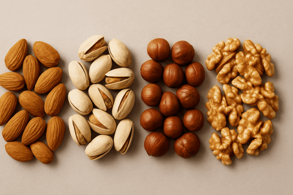 Almonds, pistachios, hazelnuts, and walnuts arranged side by side on a beige background, answering the question: Are Nuts High in Fiber?