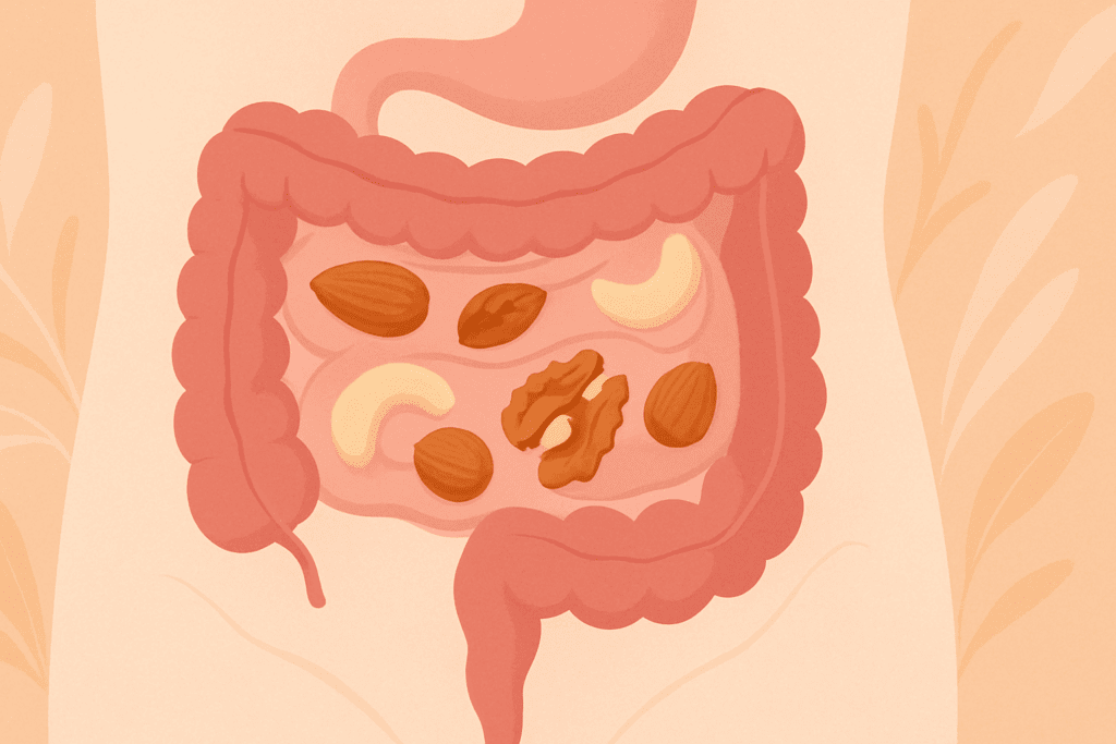 Stylized illustration of nuts flowing through a human digestive tract, emphasizing gut movement and answering the question: Are Nuts High in Fiber?