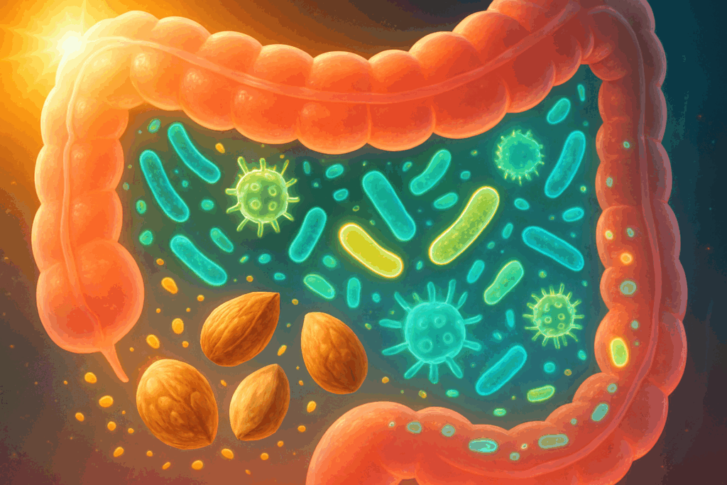 Translucent gut showing glowing microbiome bacteria nourished by almonds and walnuts breaking down, illustrating gut health benefits—Are Nuts High in Fiber?