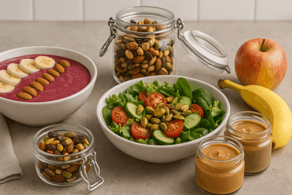 Smoothie bowl with almonds, salad topped with pistachios, trail mix jar, and nut butters beside fruit, illustrating “Are Nuts High in Fiber?” diet tips.