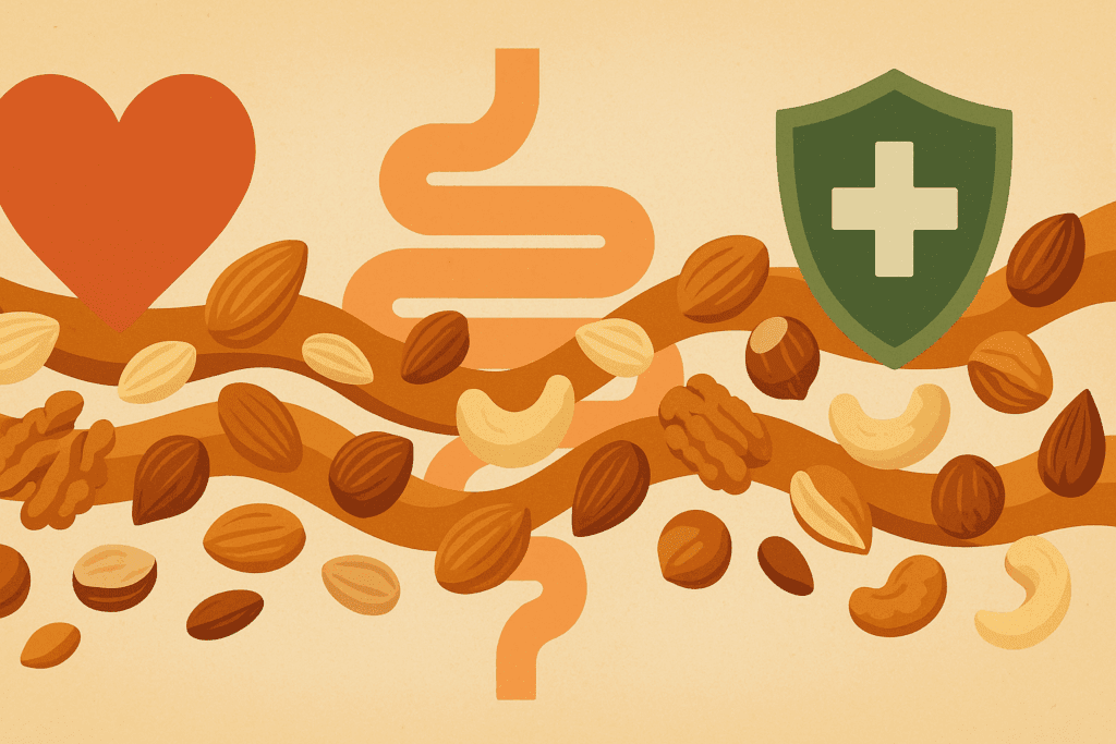 Conceptual illustration showing the health benefits of high-fiber diets with nuts, linking heart health, digestion, and disease prevention — answering 'Are Nuts High in Fiber?