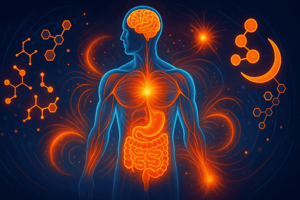 Conceptual illustration of human body highlighting internal metabolism, muscles, and amino acids showing High Protein Benefits.
