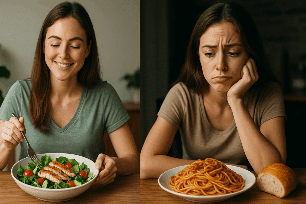 Side-by-side comparison of woman satisfied with salad vs. unhappy with pasta, illustrating High Protein Benefits