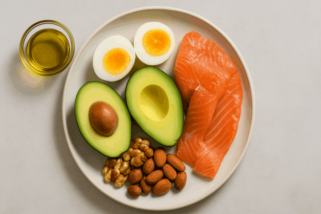 Top-down view of a ketogenic meal with eggs, salmon, avocado, nuts, and olive oil illustrating High Protein Benefits.