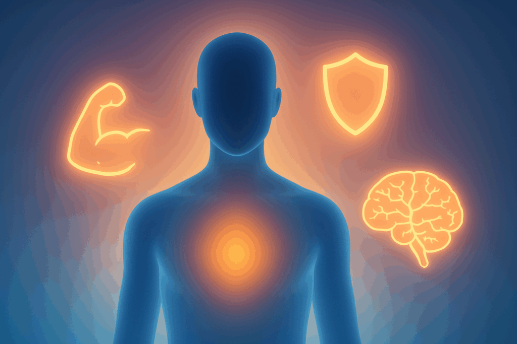 High Protein Benefits illustrated by glowing human silhouette with icons representing muscle, immunity, and brain health.